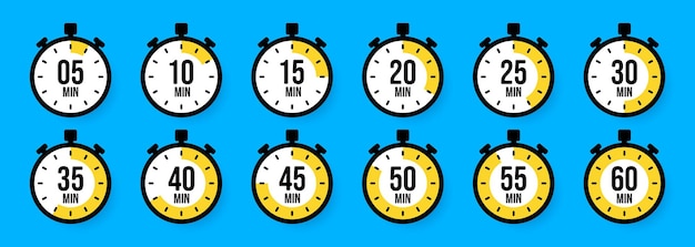 Stopwatch icons Colorful simple chronometer time counter with dial Countdown timer showing hours and minutes Deadline measurement for sport Cooking time label sticker Vector illustration