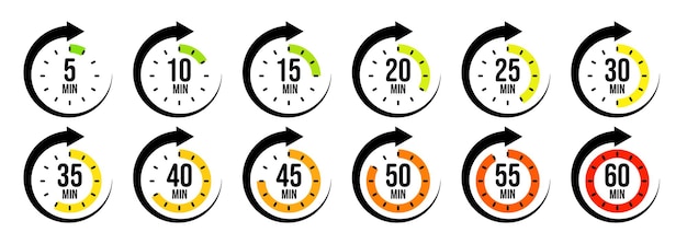 Stopwatch icons with pointer arrow colorful chronometer time counter with dial countdown time hours