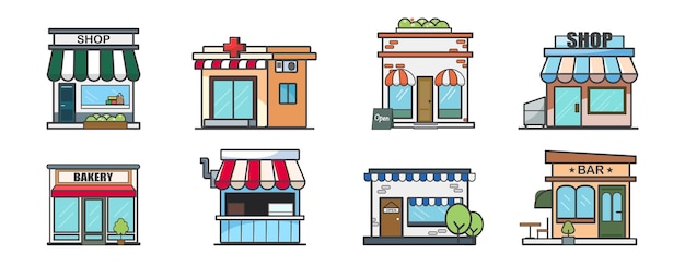 Store building set Collection of city objects store and building icon set Vector illustration