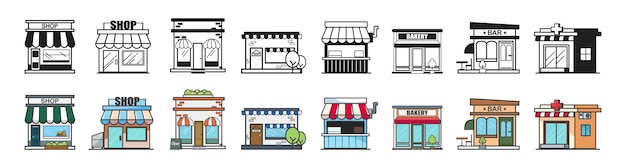 Store building set Collection of city objects store and building icon set Vector illustration