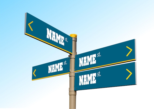 Street roadsign pointer with four arrows on blue sky background 3d vector color illustration