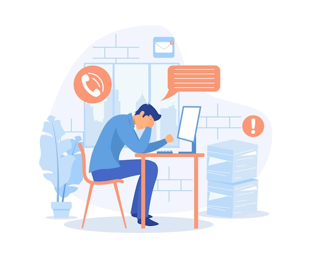 Stress in the office Tired and exasperated office worker is grabbed his head among piles of papers and documents flat vector modern illustration
