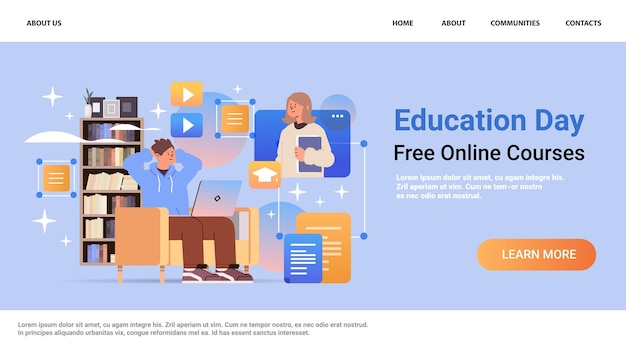 student watching free online courses on laptop education day live webinar elearning concept copy space horizontal