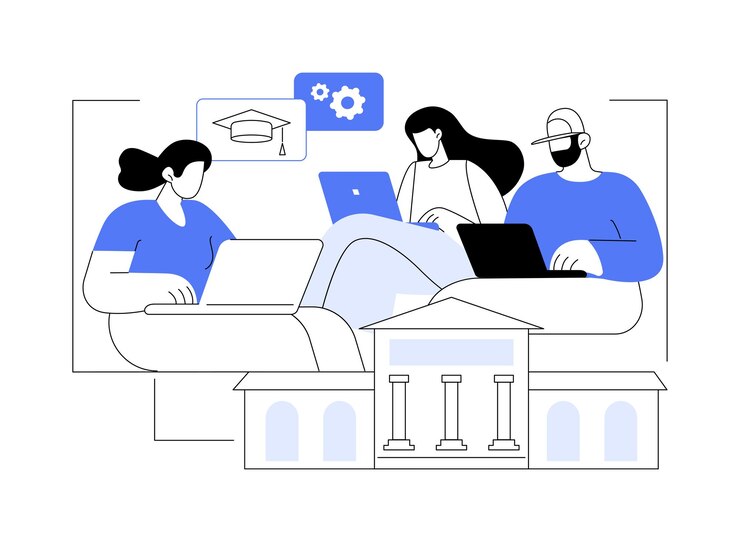 Vektori studying isolated cartoon vector illustrations college students with laptops in hands studying