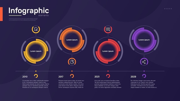 stylish colorful vector timeline infographic template with circular graphic elements on a deep blue background