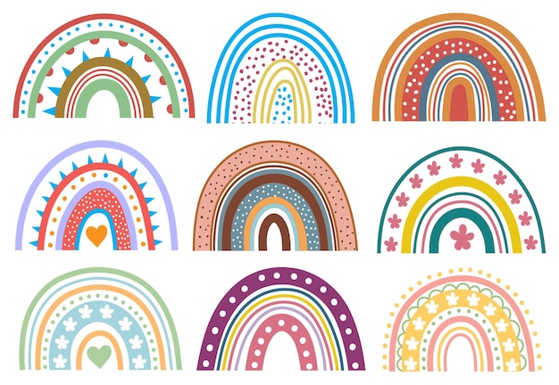 stylish colourful rainbows vector illustrations design bundles cartoon rainbows arc with heart stic