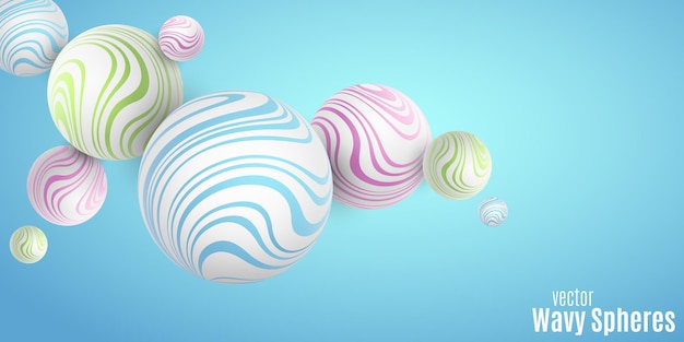 stylish dynamic 3d bubbles with colorful wavy striped pattern for your cover or brochure design abstract levitating spheres on light blue background vector illustration