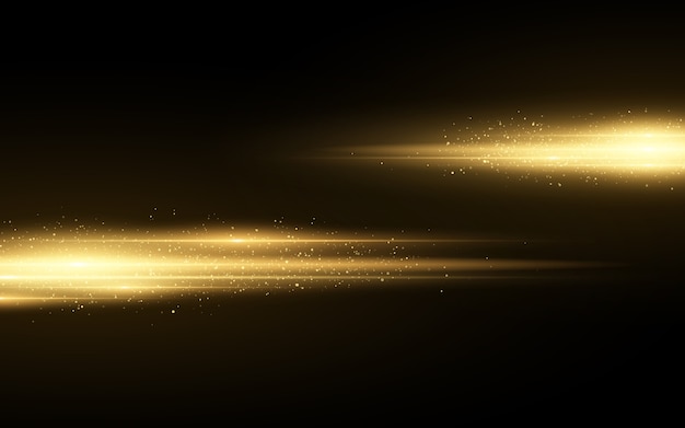 Stylish golden light effect isolated on black background. Golden glitters. Glowing lines with sparkles. Blurred light trails.