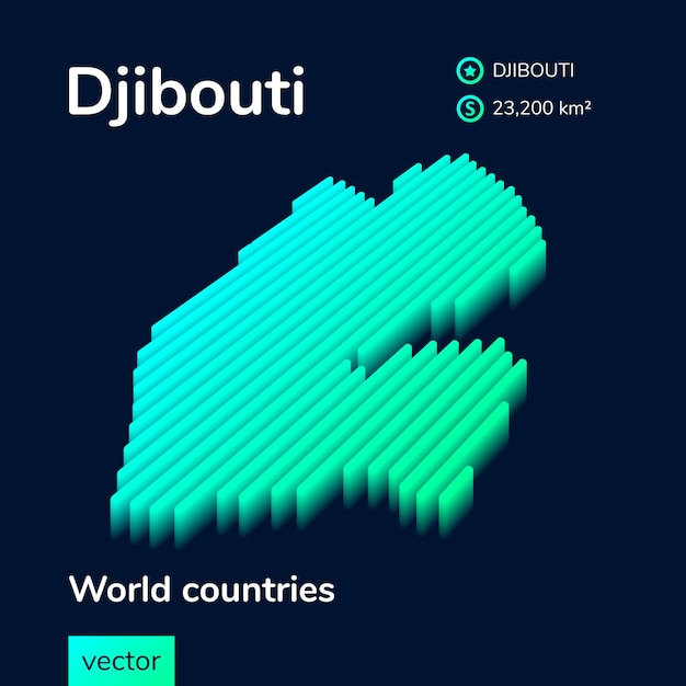 stylized striped vector isometric 3d map of djibouti is in neon green and mint colors