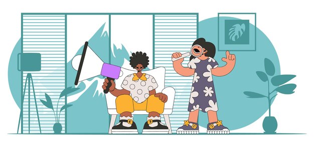 Stylized vector illustration of HR representative team Attractive woman sits in a chair and holds a megaphone in her hand