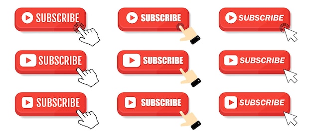 Subscribe call button and hand cursor Red button for subscribing to a channel blog Social network web button channel element video content Social media concept Marketing Vector illustration