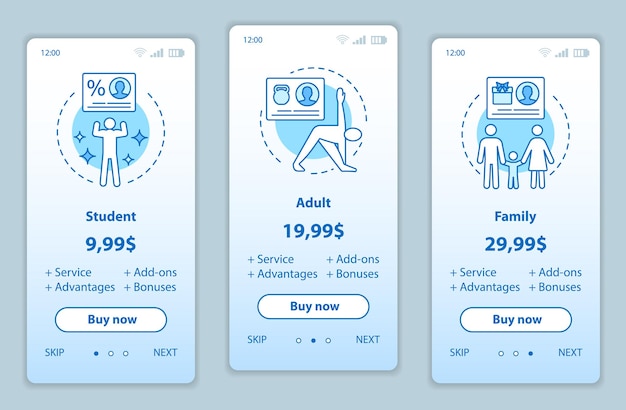 subscription prices onboarding mobile app screens vector templates. student, family, adult tariff plans. walkthrough website pages interface. gym membership cost. smartphone payment web page layout