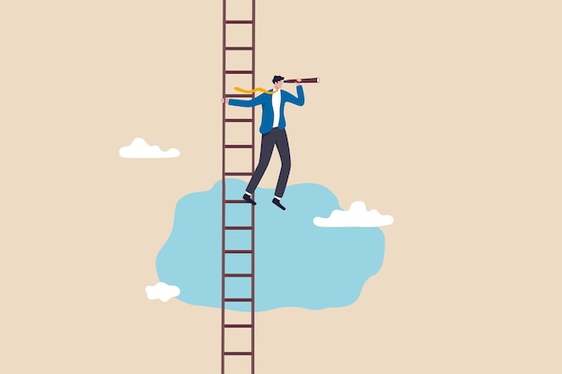 Success ladder for business opportunity, looking for new job or career path, leadership discovery or searching for success concept, smart businessman climb up ladder look through telescope visionary.