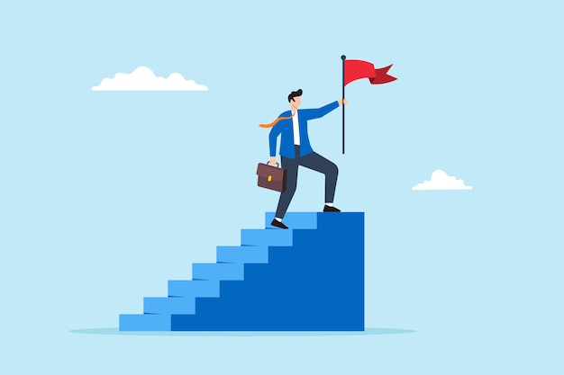 Successful businessman confidently holds red flag atop staircase