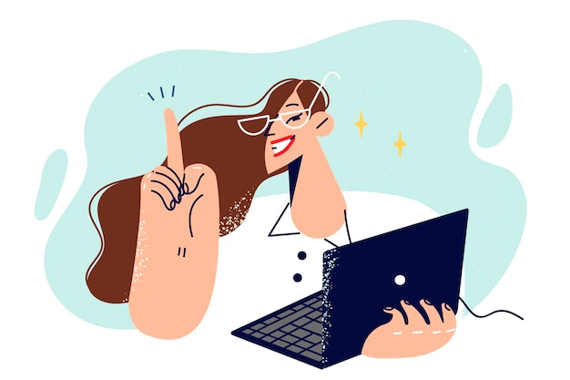 successful female freelancer with laptop in hands points finger up wanting to talk about new idea