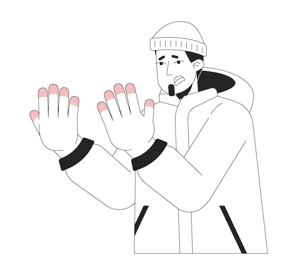 Suffering man with frostnip fingers black and white 2D line cartoon character
