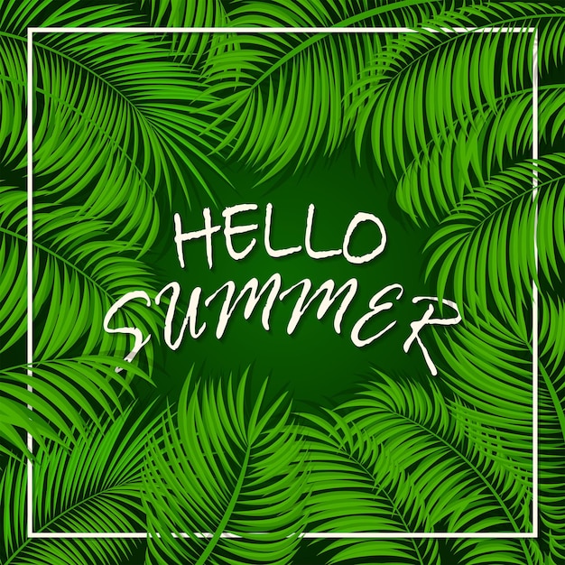 summer background with palms frame from palm leaves palm trees and lettering hello summer on green background illustration
