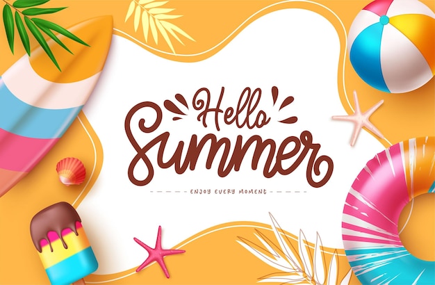 Summer greeting design Hello summer text with summer vector elements on yellow abstract background