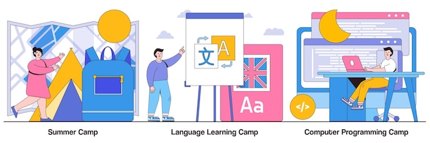 Summer language learning computer programming concepts with people characters Cyber education native English speaker engineering and robotics software abstract vector illustration pack