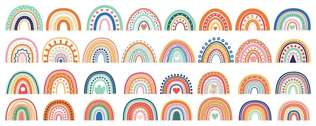 summer rainbows mega set in flat graphic design bundle elements of abstract cute rainbows with ornaments in scandinavian and boho doodle style for decorations vector illustration isolated objects