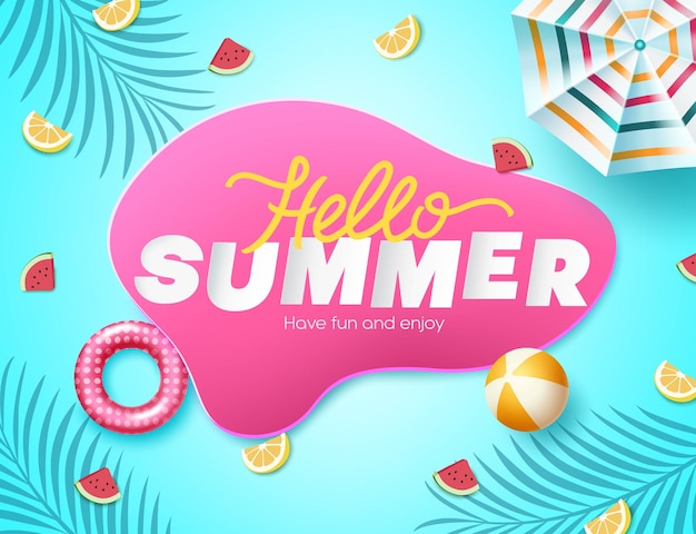summer season vector concept design hello summer text in abstract shape with fruit slice umbrella