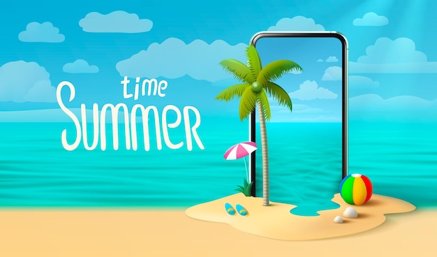 summer time banner phone season party bar app tropical fruity vector illustration