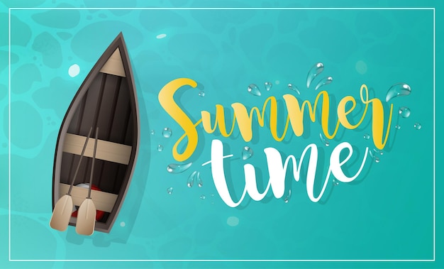 Summer time banner. Wooden boat with oars. Turquoise water surface in the ocean.