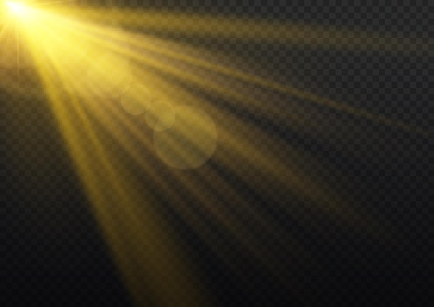 Sun glare rays lens flare Yellow sunlight Gold star sparkles Glow spotlight Bokeh effect vector