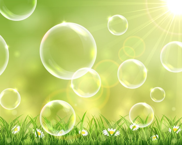 Sunny background with flying bubbles above the grass and flowers illustration