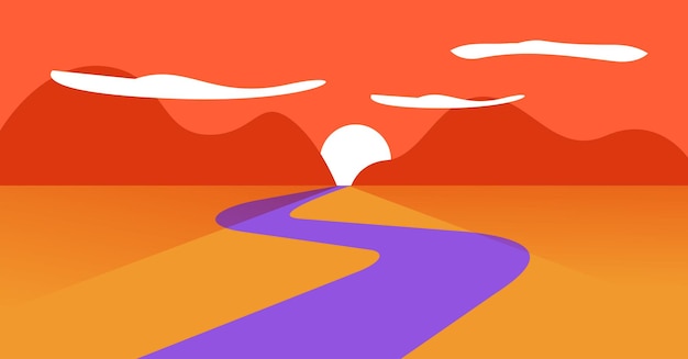 Sunset on desert river water landscape modern simple flat cartoon illustration calm