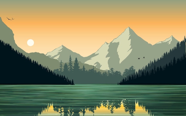 sunset sunrise wetlands landscape vector illustration mountains sky birds trees jungle woods lake