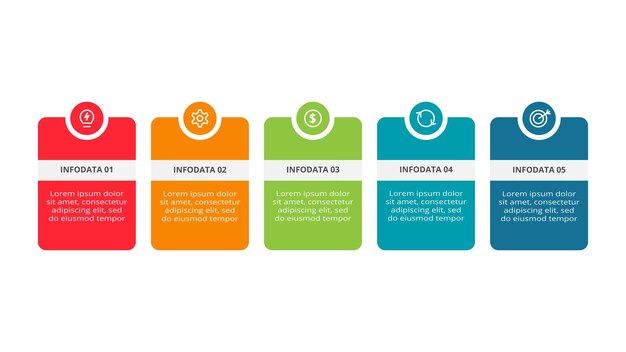 Suorakulmiokonsepti infografiikalle, jossa on 5 vaihetta, osaa tai prosessia. Liiketoiminnan datan visualisointi
