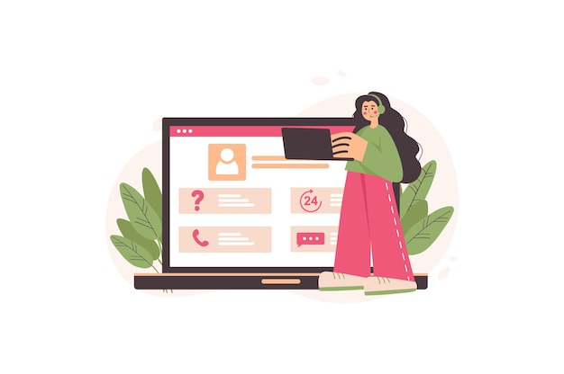 Support concept with people scene in the flat cartoon style Worker of support center tries to answer
