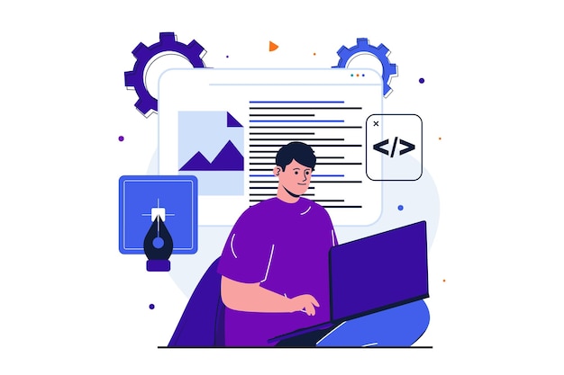 Suunnittelijastudio, moderni tasainen konsepti web-bannerisuunnitteluun. Mieskehittäjä työskentelee kannettavalla tietokoneella ja kirjoittaa koodia.