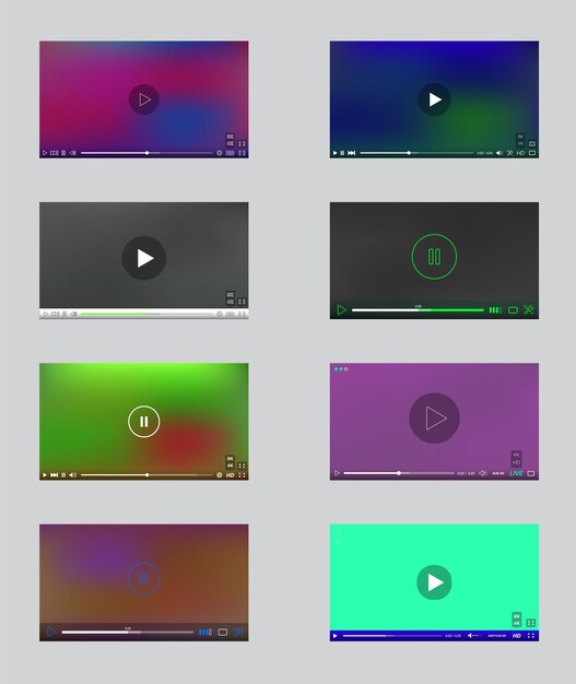 Suuri sarja videotoistimen ikkunoita valikolla ja painikkeilla, vektori-käyttöliittymäkokoelma