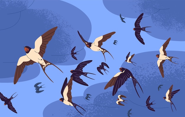Swallow flock flies in the blue sky Colony of martins soaring in the air Urban birds group in flight among clouds Crowd of feathered animals birdies flapping with wings Flat vector illustration