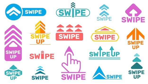 Swipe up buttons design Social media icons Quick click on links Move story action pictograms UI arrow Mobile application Scrolling action Interactive screen elements vector set