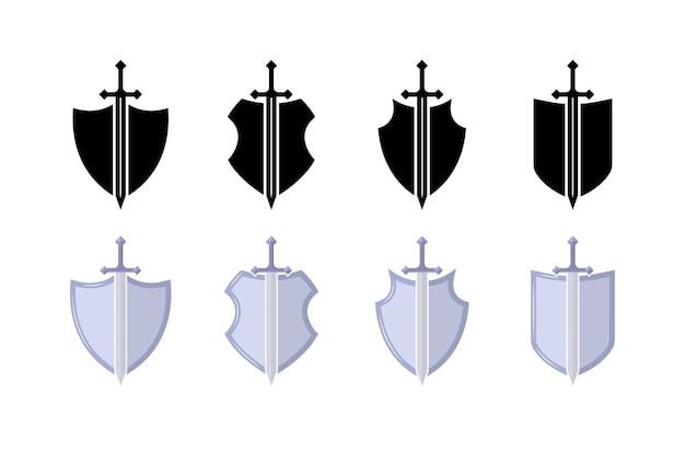 Sword and shield set icons Flat and silhouette style Vector icons