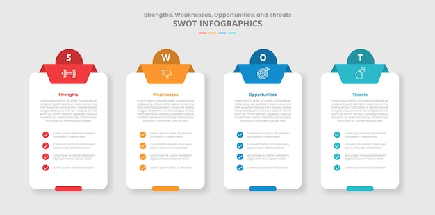SWOT analysis for infographic with drop shadow style with box table container with checklist and circle badge top with 4 point list information