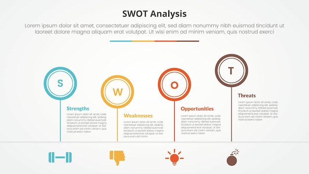 swot business framework strategic template infographic concept for slide presentation with outline circle timeline up and down 4 point list with flat style