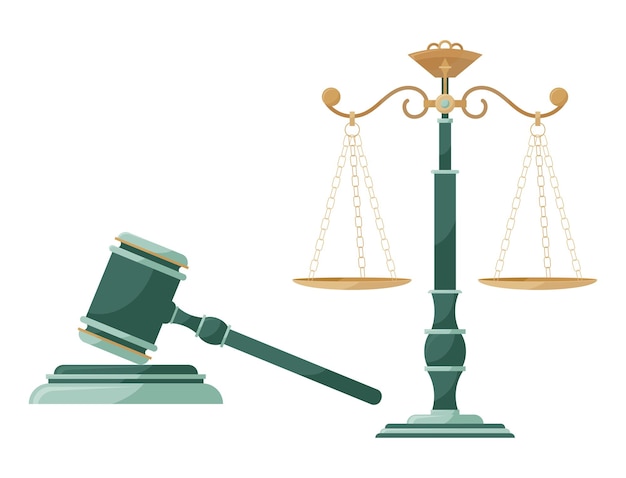 Symbol of law and justice Subjects of the court session Judicial gavel and scales of Themis