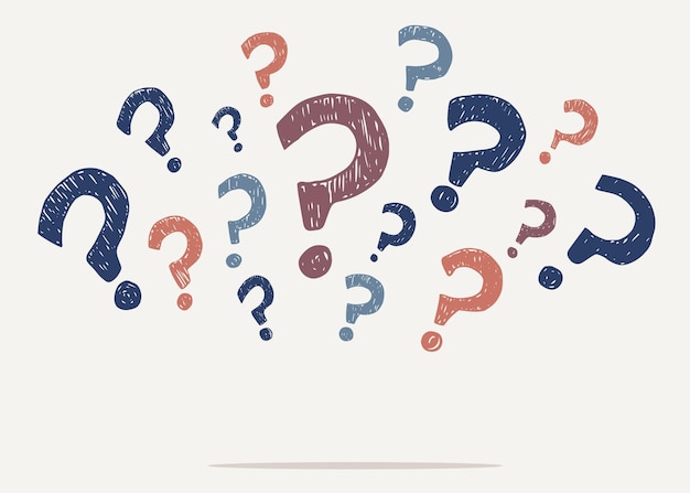 symbols and signs of a group of handdrawn question marks arranged in a semicircle questionnaire