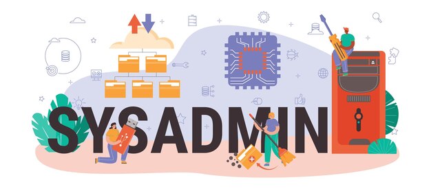Sysadmin typografinen otsikko. Tekninen työ palvelimen ja sen työn kanssa
