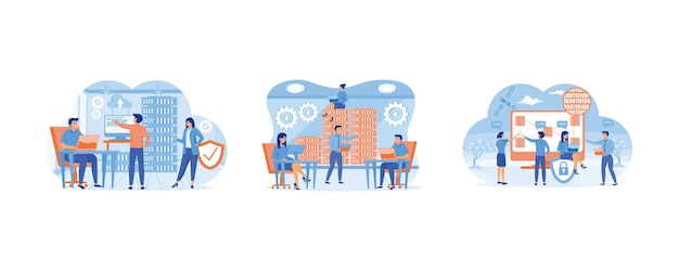 System administrator upkeeping server adjusting network System administrators or sysadmins are servicing server racks Administration and support of systems Set flat vector modern illustration