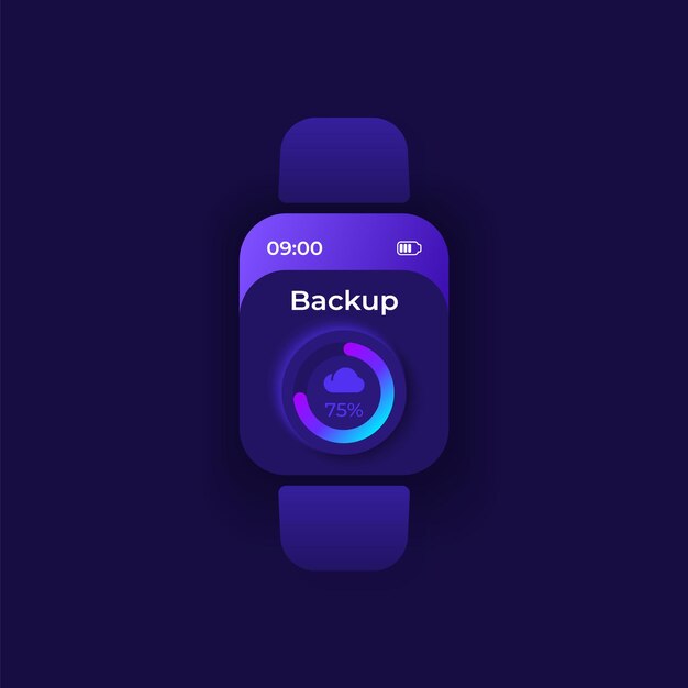 System backup smartwatch interface vector template. Mobile app notification night mode design. Files copying process screen. Flat UI for application. Server uploading progress on smart watch display.