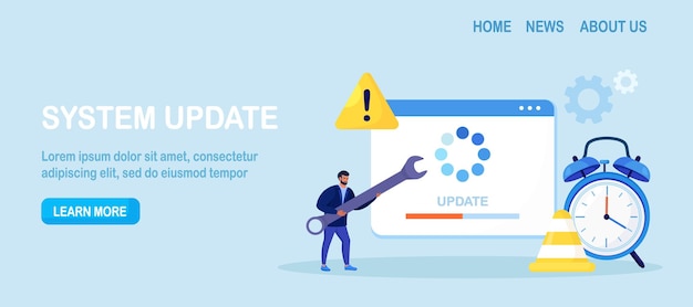 System Update. Tiny programmers upgrading operating system. IT specialists updating software, programs and applications. Technical error, service. Web page with updating progress bar and alarm clock