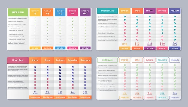 Table price template. . Pricing data grid with 5 column. Set Comparison plan chart. Comparative spreadsheets with options. Checklist compare tariff banner. Color illustration. Flat simple design
