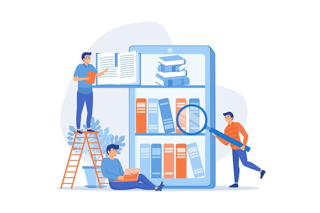 tablet with bookshelves and students searching and reading information. digital learning,