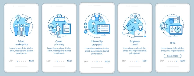 Talent management onboarding mobile app page screen vector template. Marketplace. Internship program. HRIS. Walkthrough website steps, linear illustrations. UX, UI, GUI smartphone interface concept