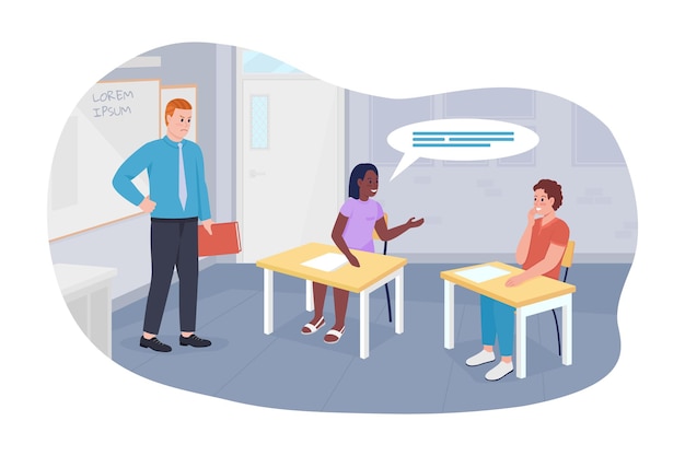 Talking during lessons 2D vector isolated illustration. Chattering students and angry teacher flat characters on cartoon background. Teacher frustration reason. Classroom distraction colourful scene